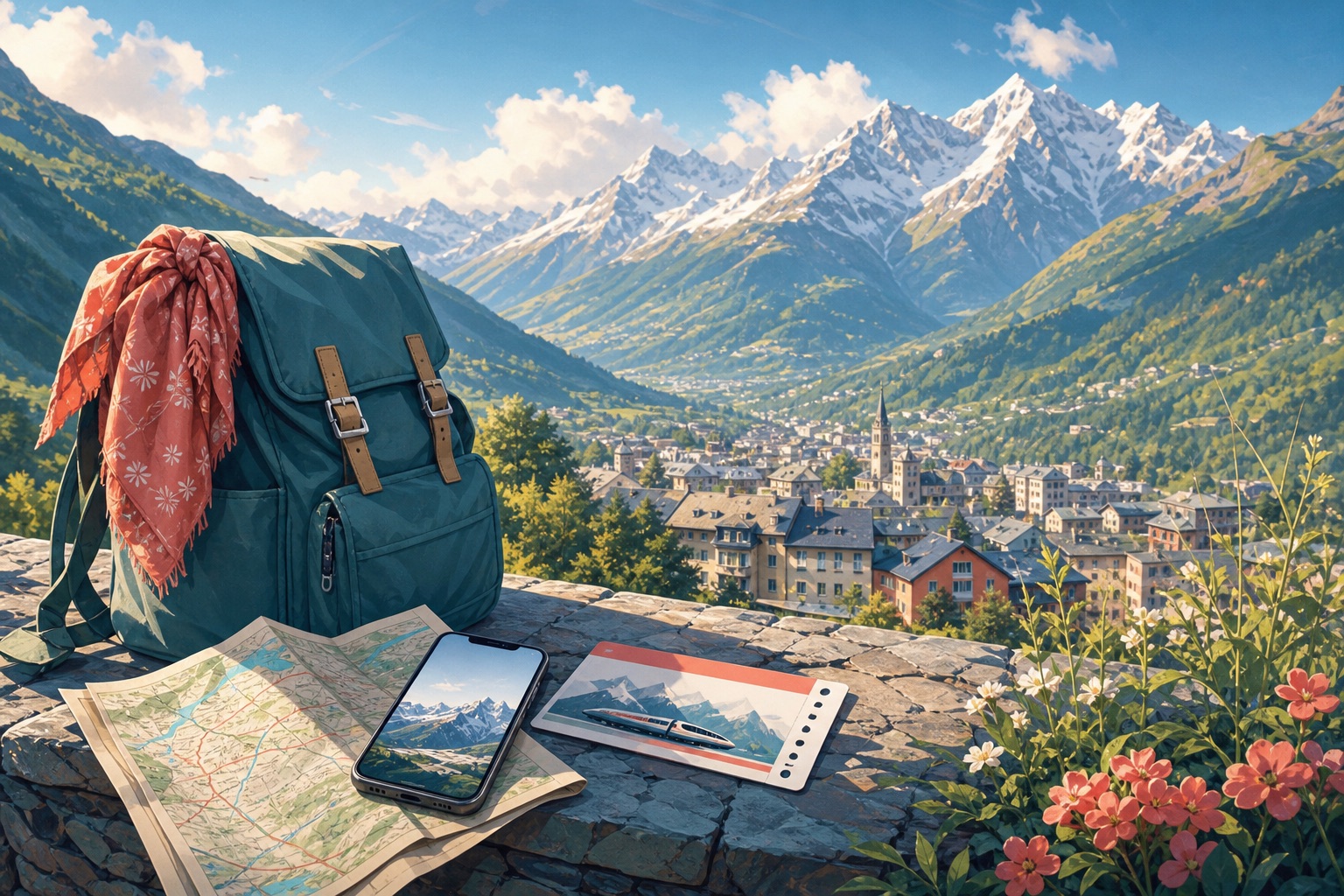 A travel journal scene overlooking the mountains of Aosta