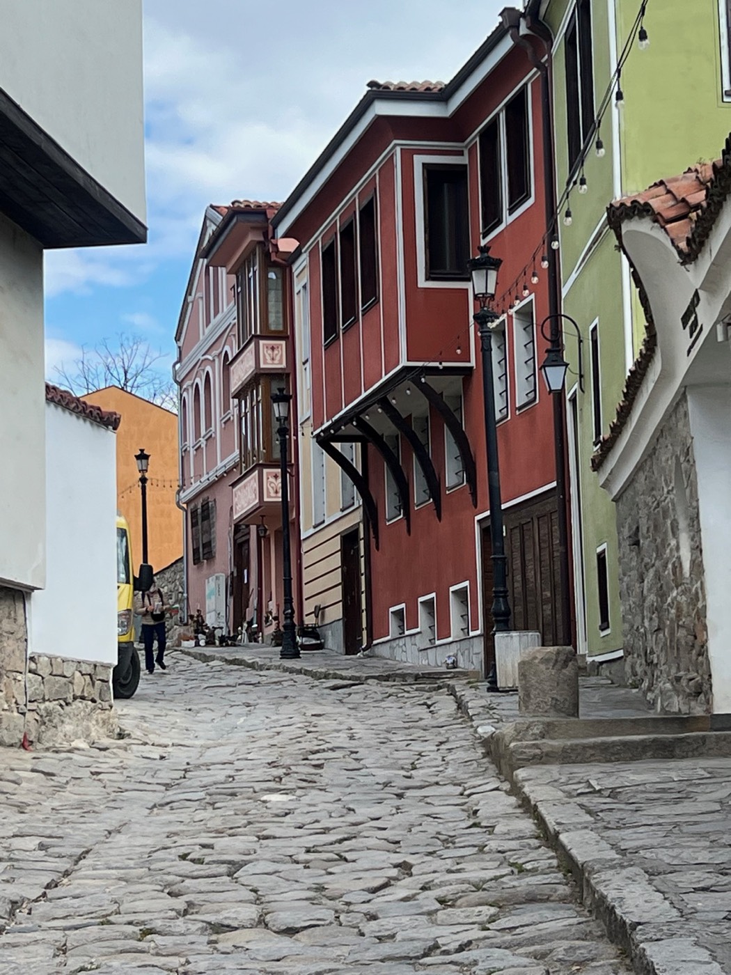 Cobbled lane lined with colourful historic houses in Plovdiv