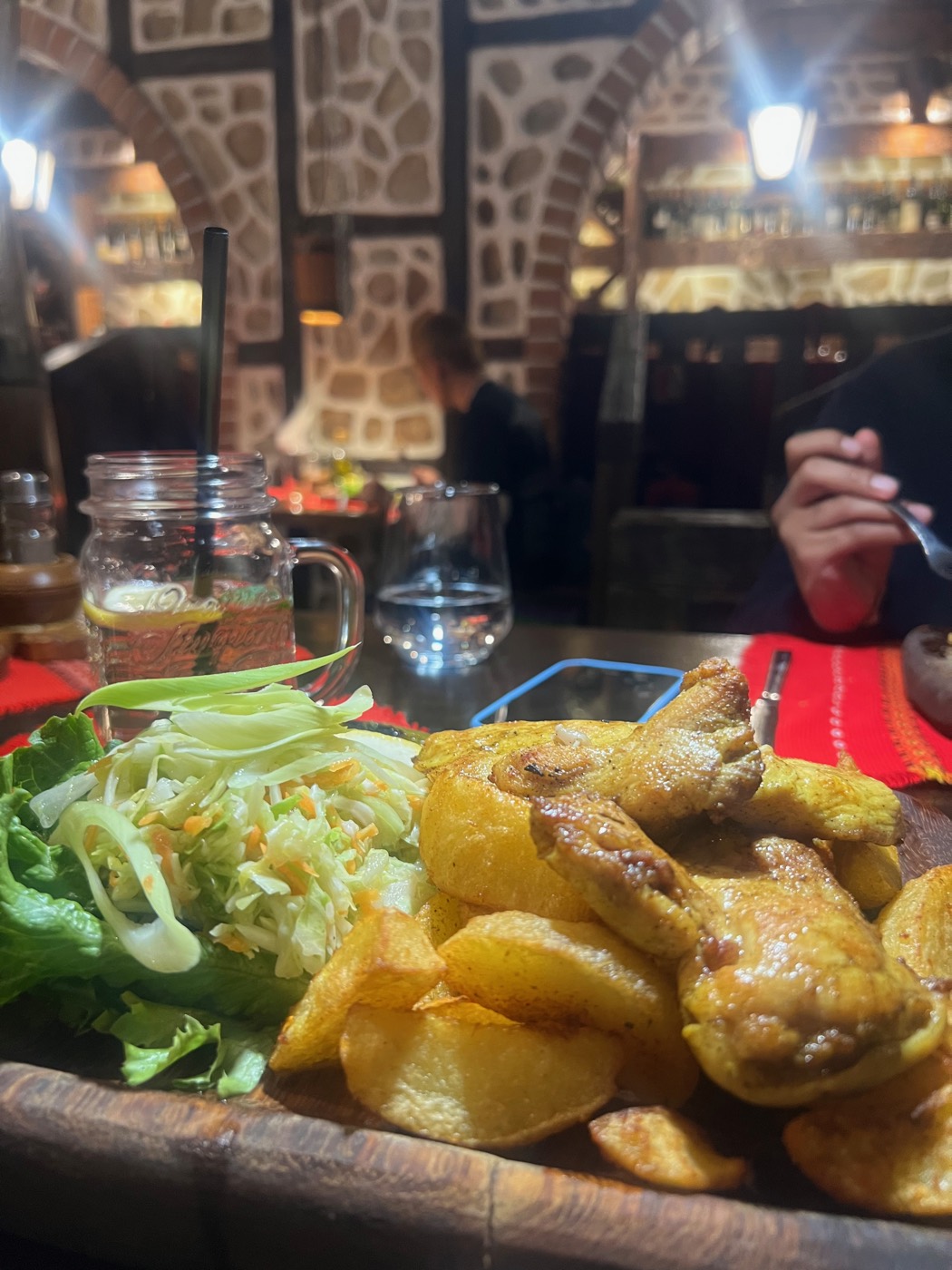 Grilled meat, potatoes and salad at Hadjidraganovite Izbi