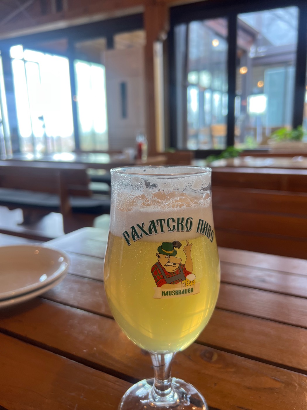 Beer on a wooden table at Rahat Tepe in Plovdiv