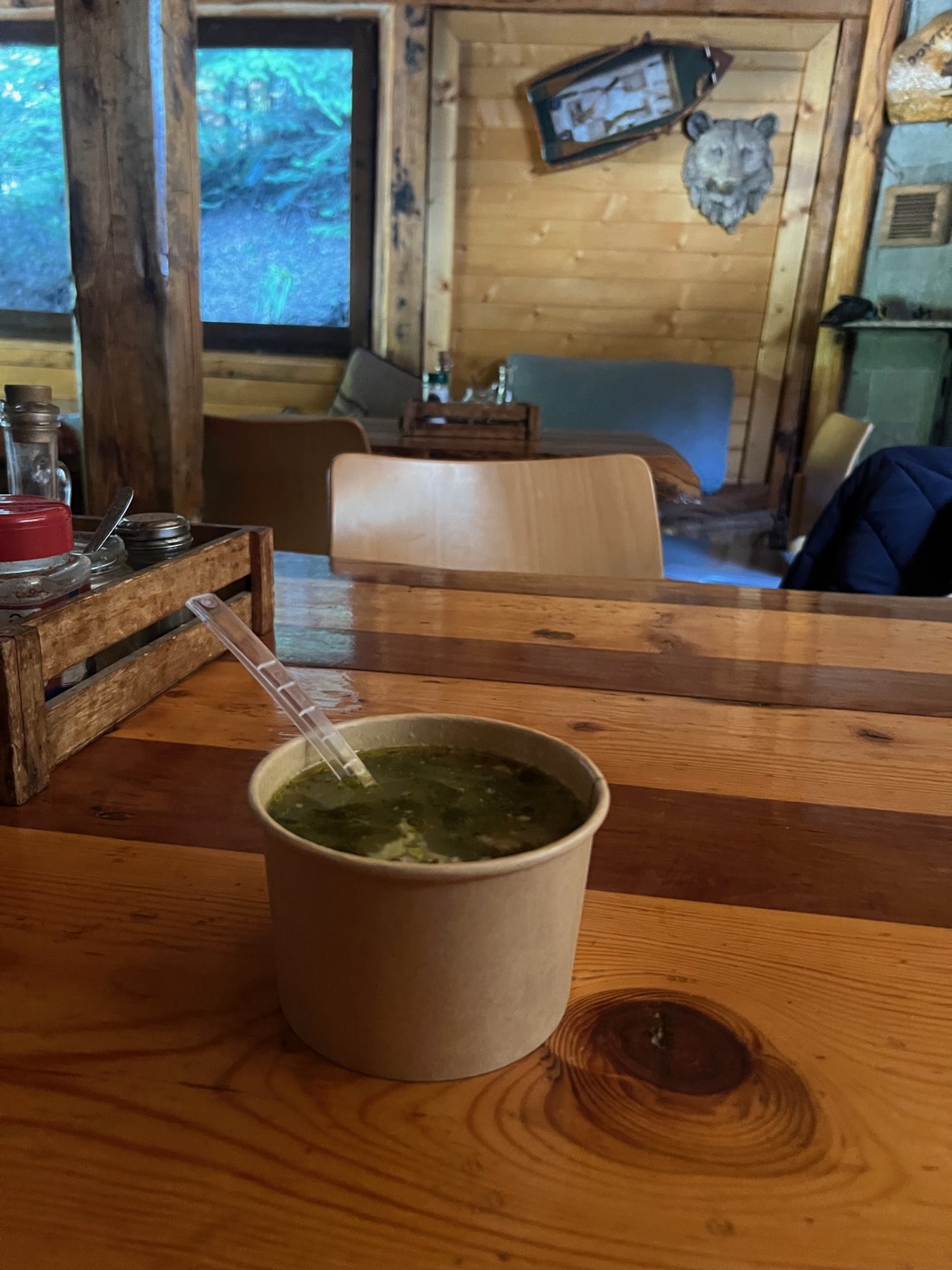 A hot bowl of soup on a wooden table in Rila